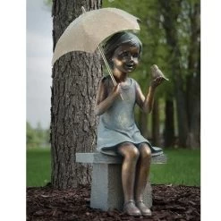 17.25" Girl On Bench With Umbrella And Bird Garden Statue