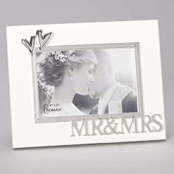 Mr And Mrs Frame With Silver Double Hearts Holds 4x6 Photo