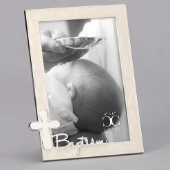 Baptism Frame With Silver Cross Holds 4x6 Photo