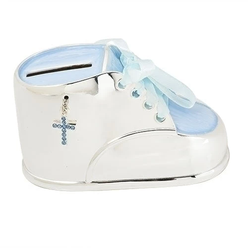 Baby Boy's Blue Shoe Bank With Jeweled Cross And Ribbon Laces 3 Baby Boy's Blue Shoe Bank With Jeweled Cross And Ribbon Laces