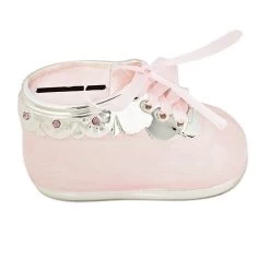 Baby Girl's Pink Shoe Bank With Jewels And Ribbon Laces