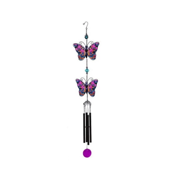 Tiered Pink Butterfly Windchime With Stain Glass Finish 3 Tiered Pink Butterfly Windchime With Stain Glass Finish