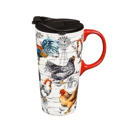 Rooster Collage Ceramic 17 Oz. Travel Cup With Matching Gift Box