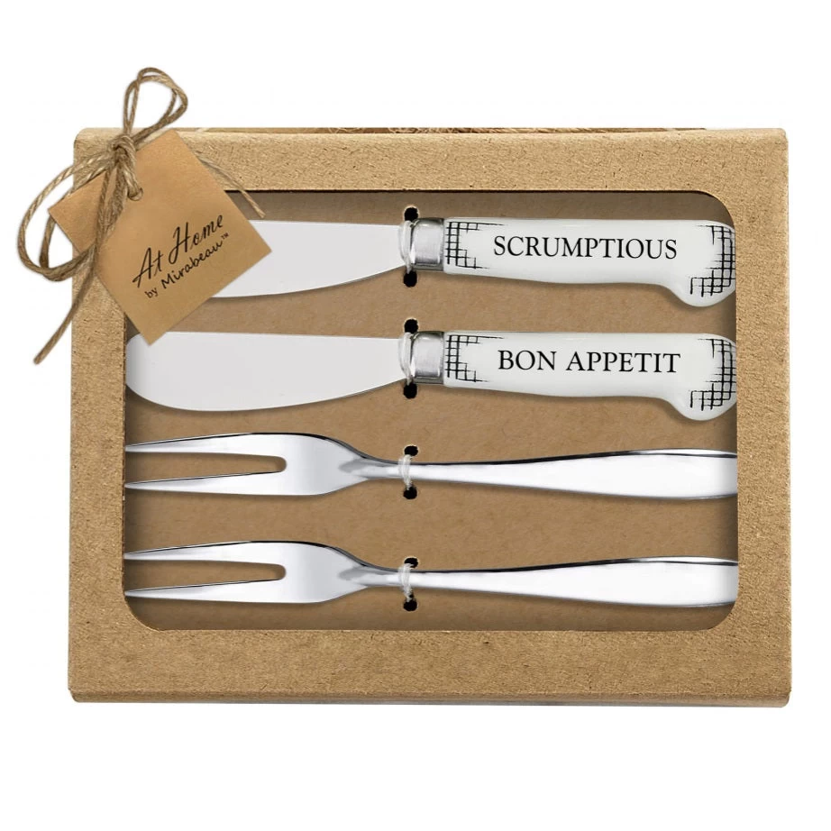 Set Of 4 5" Cheese Spreaders & Forks "Scrumptious, Bon Appetit" 4 Set Of 4 5" Cheese Spreaders & Forks "Scrumptious, Bon Appetit" - Image 2