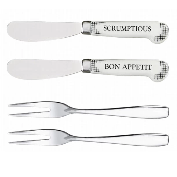 Set Of 4 5" Cheese Spreaders & Forks "Scrumptious, Bon Appetit" 3 Set Of 4 5" Cheese Spreaders & Forks "Scrumptious, Bon Appetit"