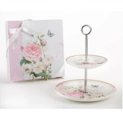 11" Porcelain 2-Tier Dessert Stand Pink Rose And Butterfly In Gift Box