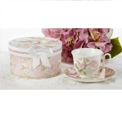 Porcelain Tea Cup & Saucer Pink Rose Bird In Gift Box