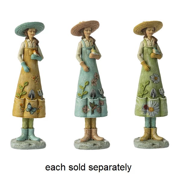 Girl With Bird In Gardening Hat And Apron Figurine 5.5" 3 Girl With Bird In Gardening Hat And Apron Figurine 5.5"