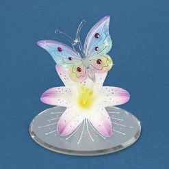 Butterfly On Lavender Lily With Pink Crystals Glass Figurine
